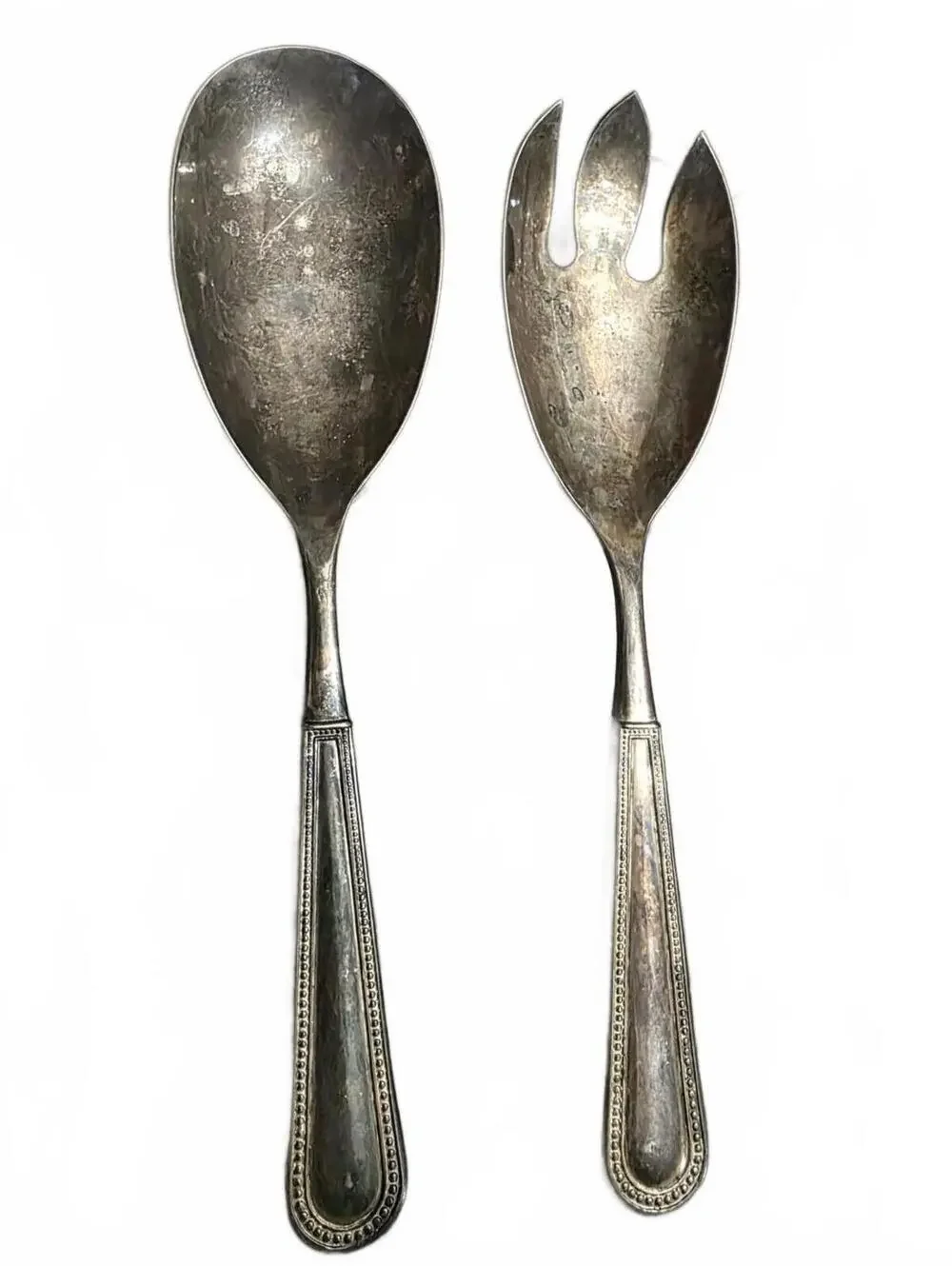 Vintage Godinger Silver Plated Salad Serving Set Spoon Fork Beaded Flutes Pearls